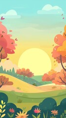 A vibrant cartoon-style autumn landscape featuring a setting sun, colorful trees, and rolling hills.