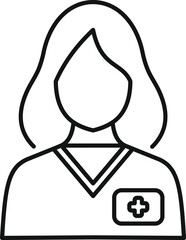 Line icon of a female medical professional wearing scrubs with a cross symbol on her chest