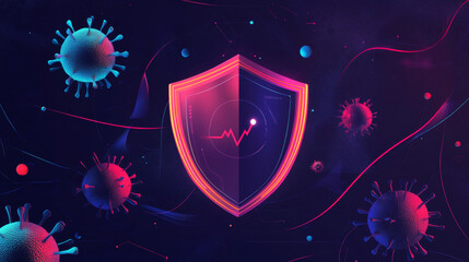 Fototapeta premium This website design uses a shield with a modern, geometric look to represent protection from viruses like the one that started in Wuhan, China. It's about health and how science fights disease.