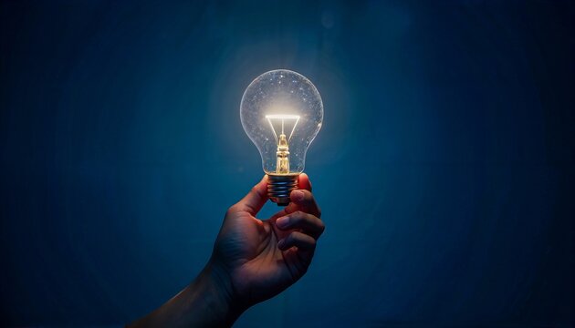  A hand holding a glowing light bulb with a digital circuit inside, set against a dark blue background. Concept of technology and innovation