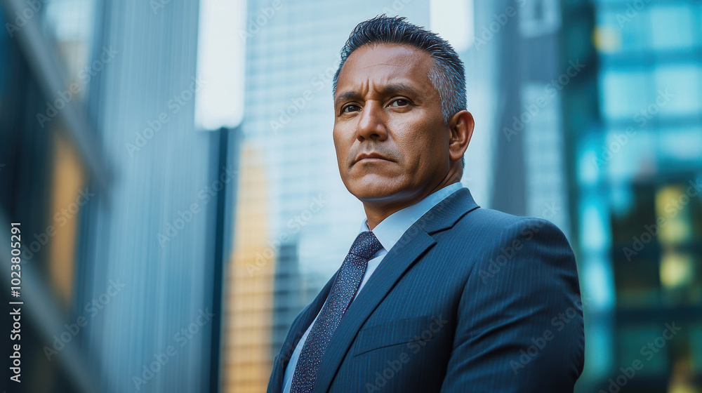 Wall mural a man in a suit and tie stands in front of a building