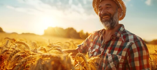 Contented Farmer in a Thriving Crop Field: A smiling farmer surveys their flourishing harvest, surrounded by fields of golden grains ready for harvest, showcasing a successful farming season.