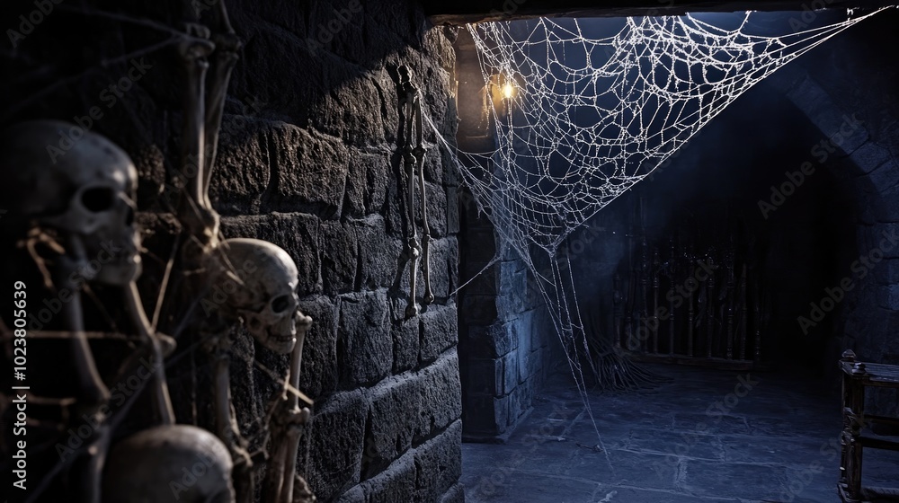 Poster spooky decor and eerie theme bone structure and web in shadowy setting