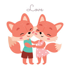 Cartoon couple of foxes in love hugging.Adorable couple of valentine foxes.Cartoon poster, Valentine's day card.Cartoon couple of foxes in love hugging.Adorable couple of valentine foxes