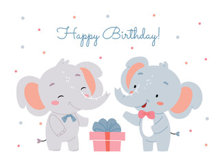 Cute children's birthday card. Two cute elephants say happy birthday. Gift box.
