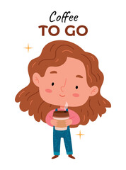 Coffee  to go. Cute barista girl holding a cup of coffee. Poster in a cafe.Take away cafe or restaurant service.
