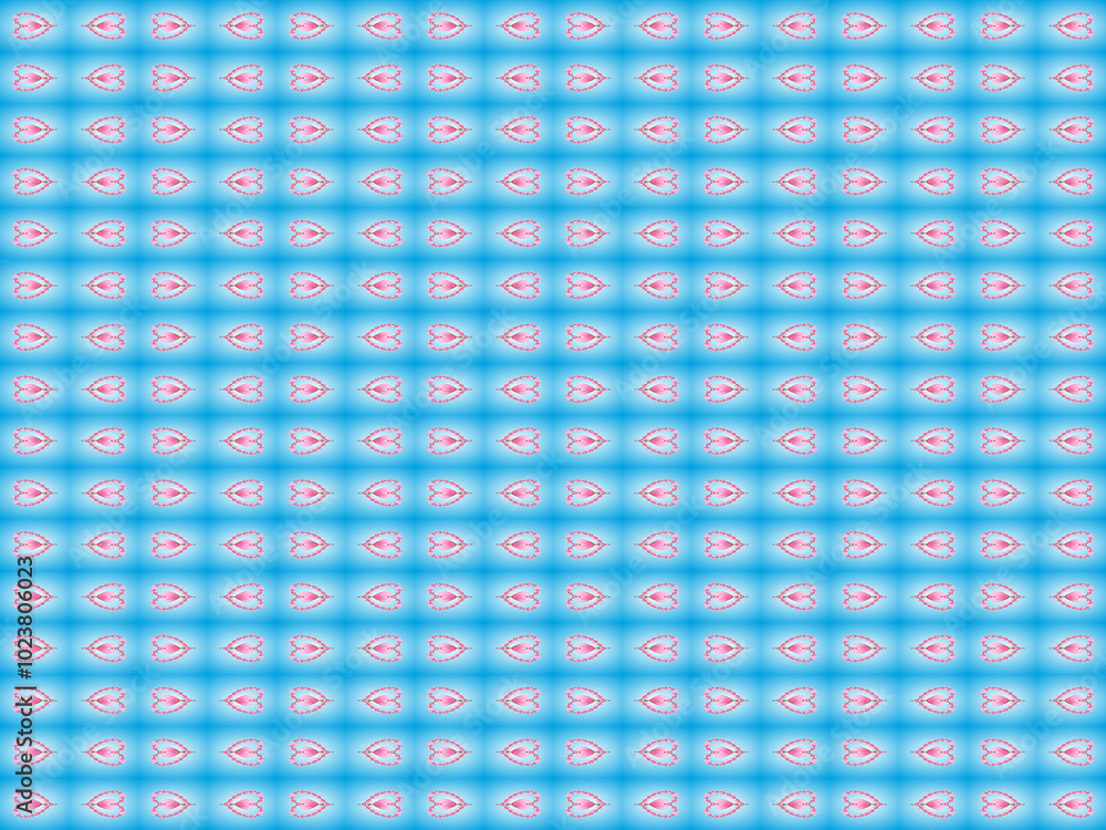 Poster symmetrical pattern with hearts, pink and blue and effect of light and space - graphics with composi