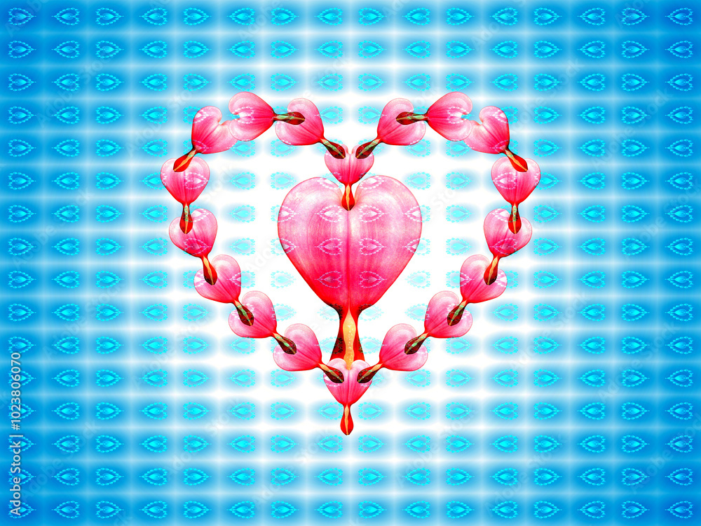 Poster pink hearts combined on white and blue background with effect of light and space - graphics with com
