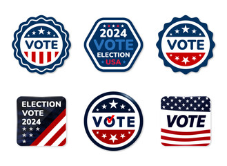 Vote badges. Presidential election day in the United States. Set Stickers Vote 2024. Label Election 2024 USA isolated background. Vector illustration.