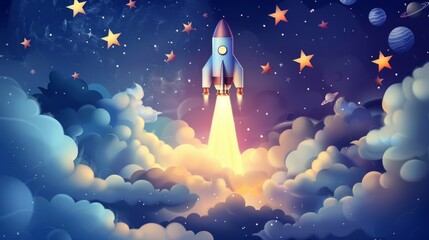 Conceptual business idea with rocket ship and stars