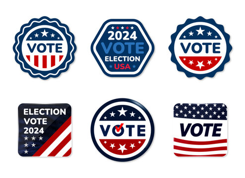 Vote badges. Presidential election day in the United States. Set Stickers Vote 2024. Label Election 2024 USA isolated background. Vector illustration.