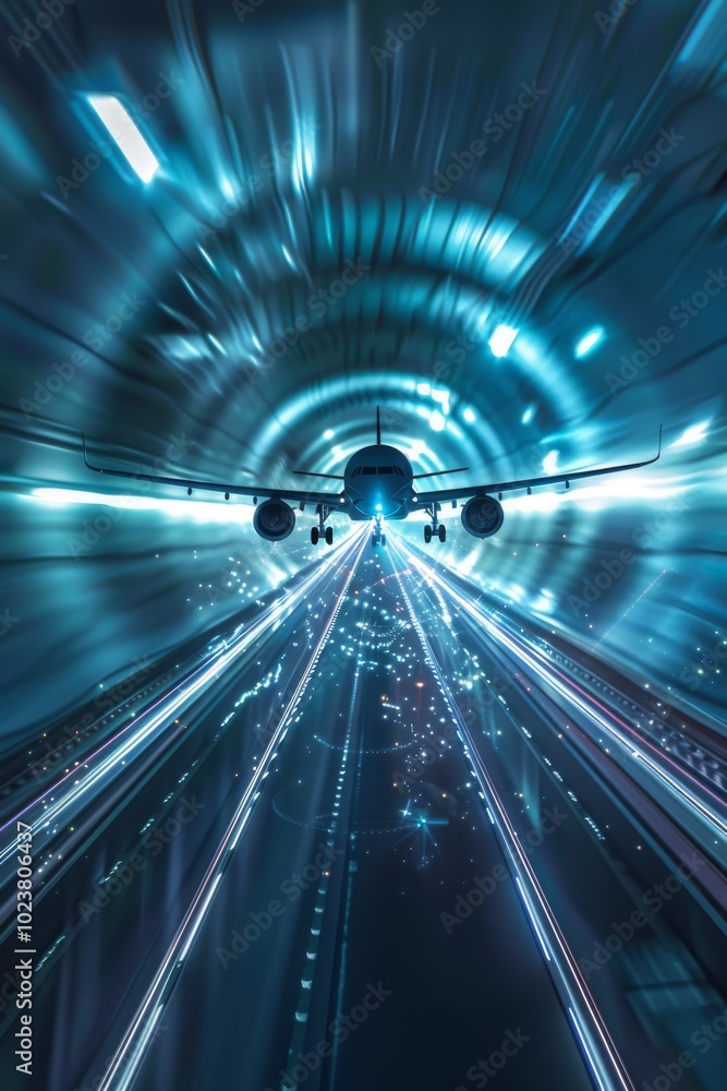 Poster conceptual design of an aircraft navigating through light tunnels.