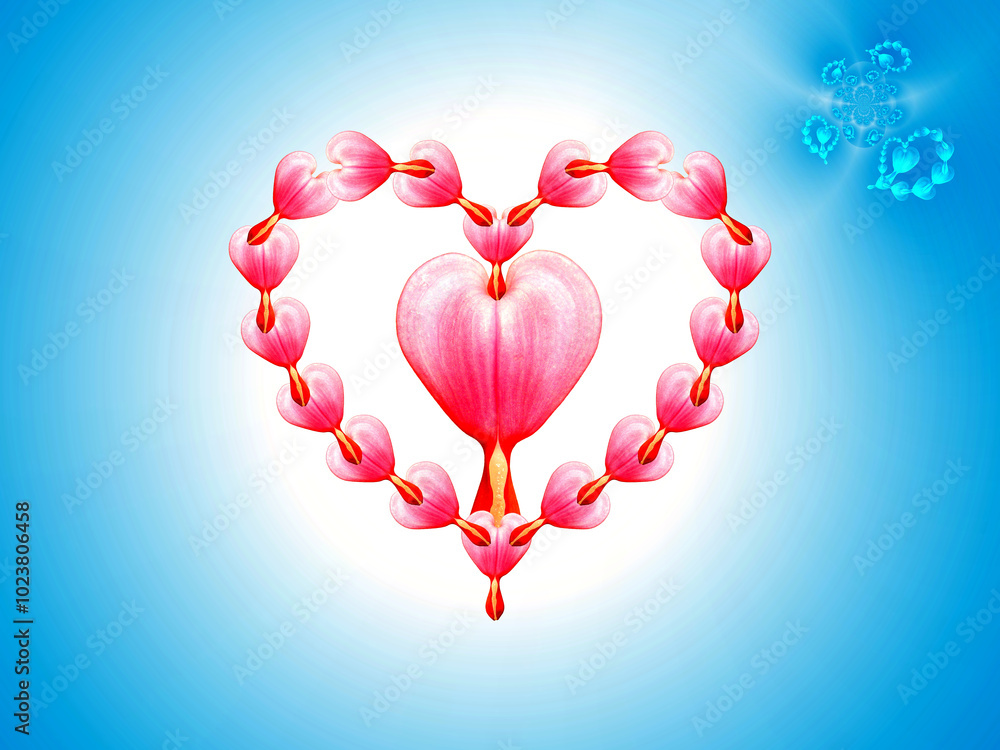 Poster pink hearts combined on white and blue background with effect of light and space - graphics with com