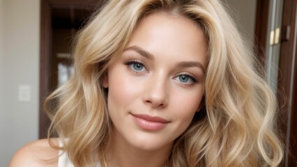 Fototapeta premium A young Caucasian woman with fair skin and wavy blonde hair cascading past her shoulders. She has striking blue eyes, well-defined eyebrows, and a subtle, natural makeup look.