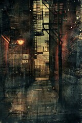 A moody, dimly lit urban alleyway at night featuring vintage fire escapes and a single street lamp casting an eerie glow.