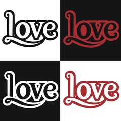 Decorative love typography design in contrasting colors displayed on a black and white background with a hint of red accents