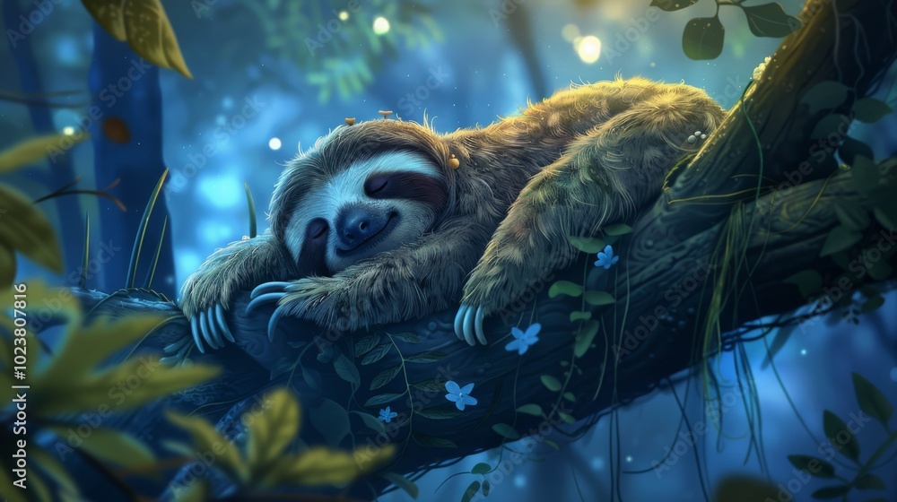 Poster a sloth is sleeping on a tree branch. the image has a peaceful and calm mood, as the sloth is restin