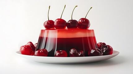 Delicious cherry jelly dessert with fresh fruit garnish on a white plate