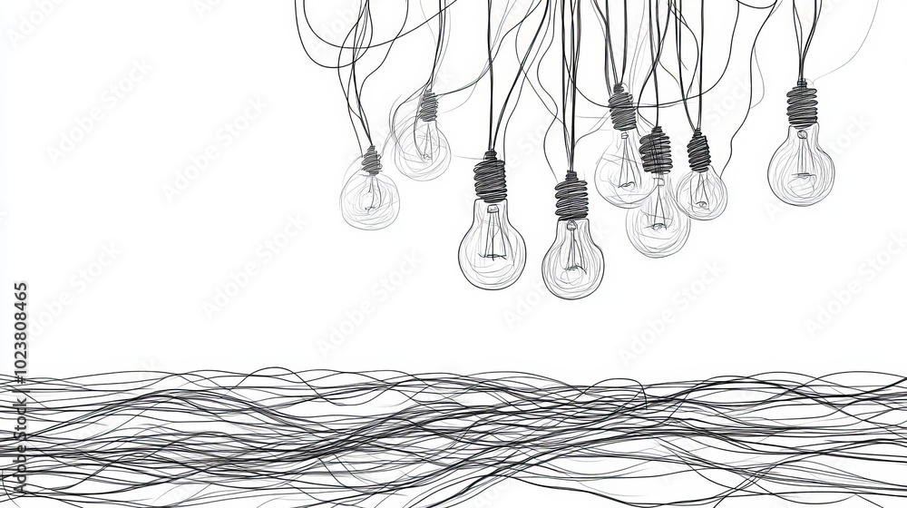 Poster tangled and scribble wires with light bulbs in one continuous line drawing. concept of complex probl
