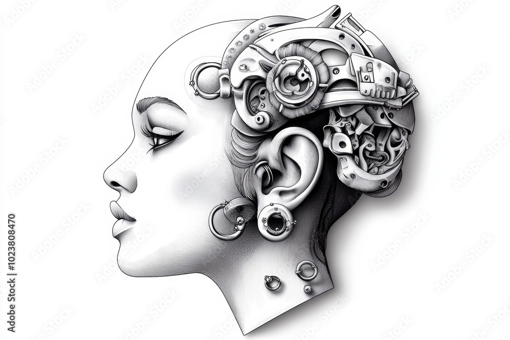 Poster minimalist line art of an ear with multiple small hoops and studs, representing the simplicity and e