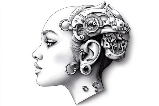 woman profile with mechanical headgear, black and white clip art preview