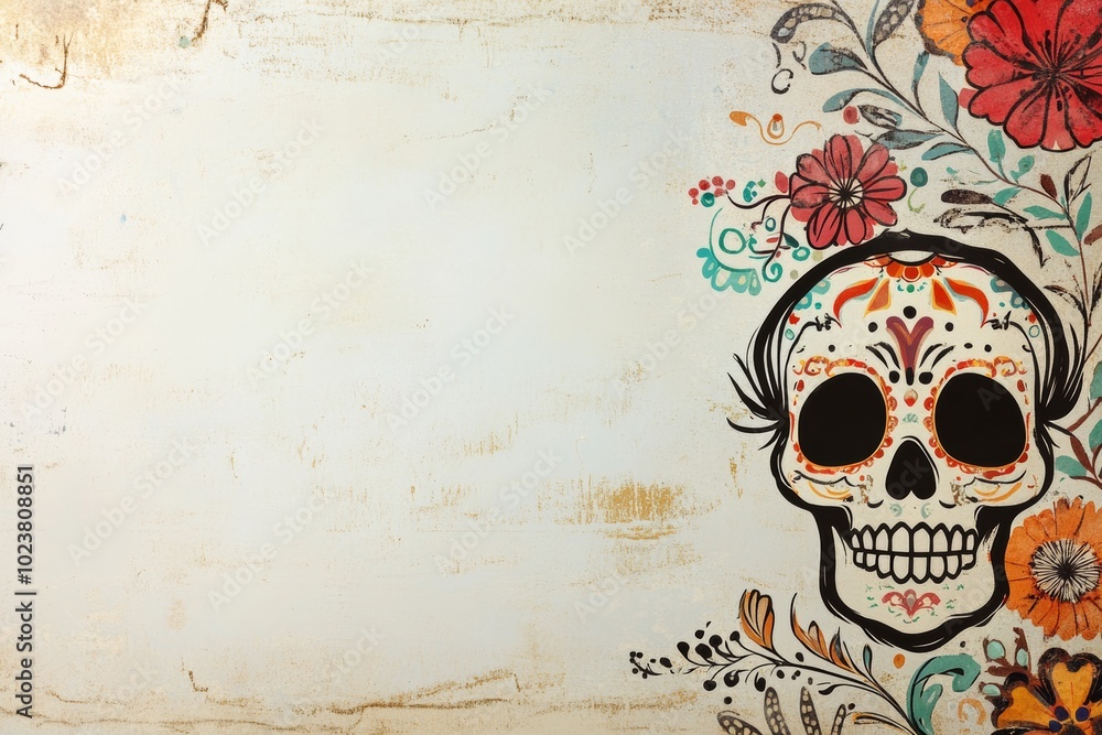Poster day of the dead symbols on a plain background with room for text.