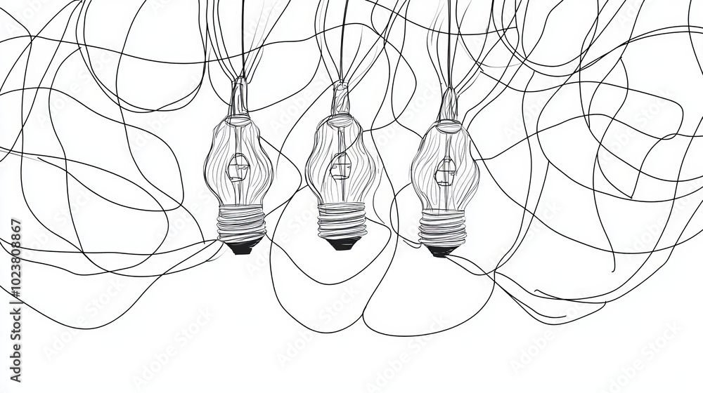 Poster tangled and scribble wires with light bulbs in one continuous line drawing. concept of complex probl