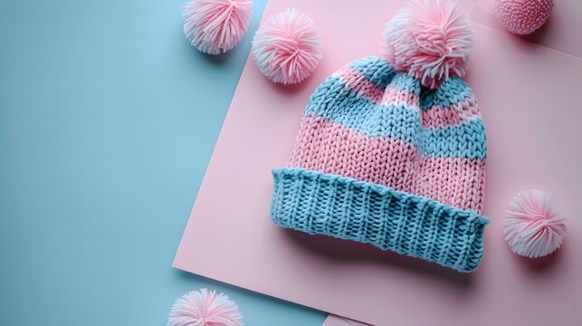 Knitted pink & blue baby hat with pom poms on pastel background. Flat lay composition with copy space. Gender reveal or baby shower concept. Design for banner, invitation, greeting card, announcement