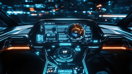Futuristic car interior with a glowing dashboard and a city lights background.