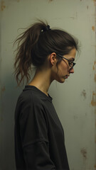 Moody Side Profile of Woman with Glasses, Ponytail in Casual Attire
