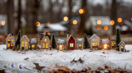 Charming snow covered village bathed in warm lights for a cozy holiday winter wonderland scene
