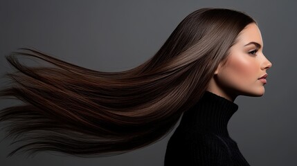 Profile of a woman with long straight silky hair coloured black. Ideal image of a beautiful brunette with hair developing in the wind. Feminine image of natural beauty. Illustration for fashion design