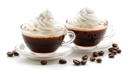 Two coffee cups with whipped cream and coffee beans on white background