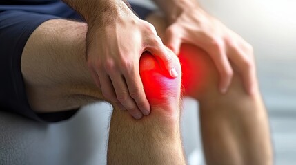 A man sits indoors and holds his knee with his hand, which hurts from injury or age-related degenerative processes. The area of focus of the pain is highlighted in red. Illustration for advertising.