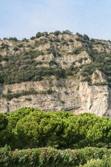 Mountain cliff with green bushes and blue sky, Italy