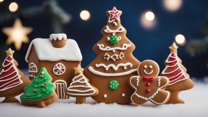 A festive holiday scene featuring intricately decorated gingerbread houses and men amidst snowflakes and Christmas trees.