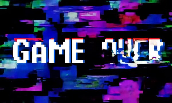 Retro pixel art Game Over glitch effect text on distorted colorful digital screen background