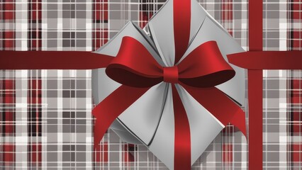 A wrapped gift with red and silver ribbon tied in a bow on a patterned background.