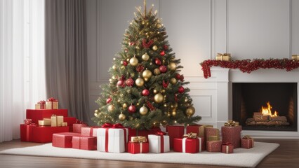 A festively decorated Christmas tree stands on a white platform surrounded by colorful presents in front of a cozy fireplace setting.