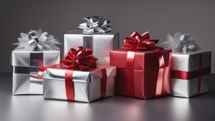 Six Christmas presents with red ribbons and silver bows arranged on a neutral background.