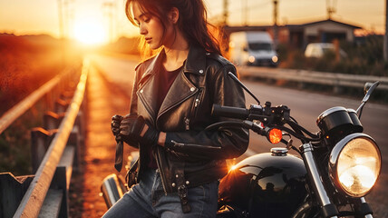 Biker girl in a leather jacket on a motorcycle looking at the sunset