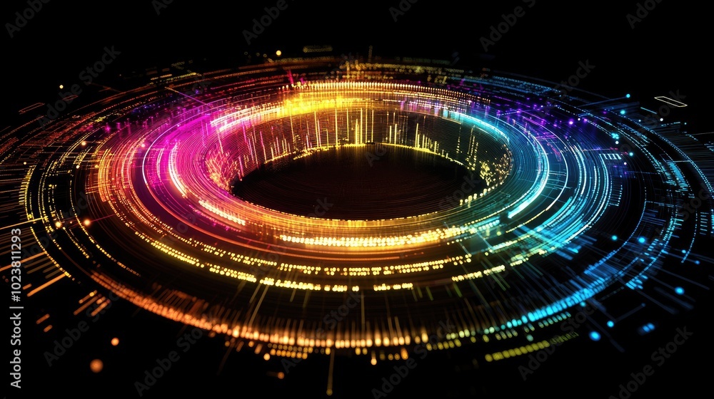 Poster vibrant circular data visualization on black background