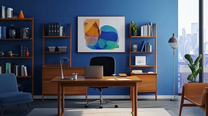 Contemporary home office with sleek furniture, natural lighting, and modern wall art, copy space