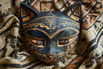 Flat lay of a cat head with intricate tribal decorations.