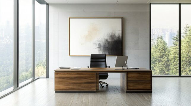 Contemporary home office with sleek furniture, natural lighting, and modern wall art, copy space