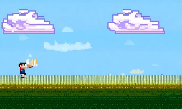 Retro pixel art video game background with a character running under a bright sky in a classic side scrolling scene