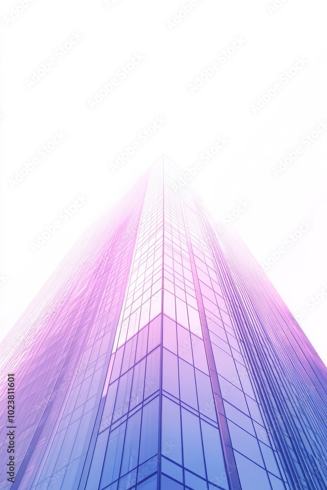 Poster futuristic skyscraper in synthwave style, set against a clean white background for a minimalist appe
