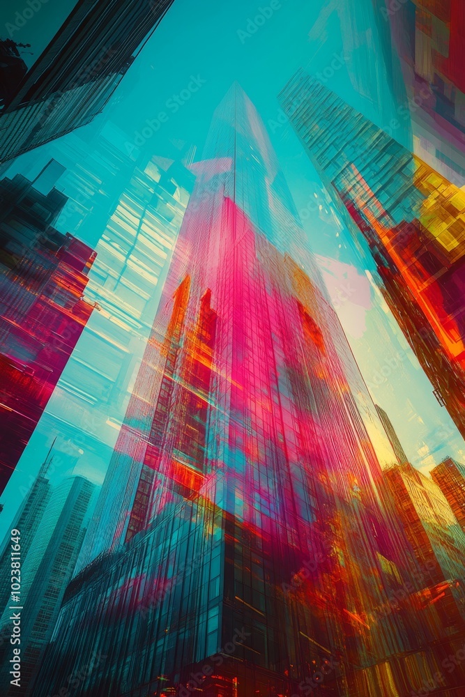 Poster futuristic skyscraper shown through a double exposure effect, merging with abstract urban patterns a