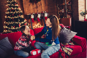 Portrait of two people mother daughter play laugh tickling sofa festive christmas time illumination...