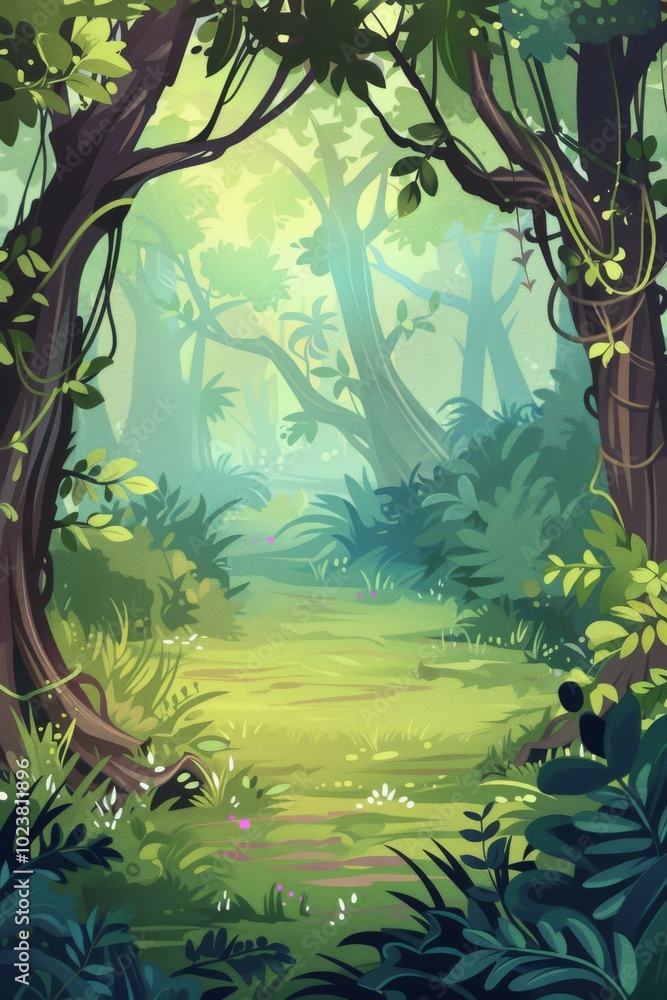 Poster A beautiful forest pathway surrounded by dense foliage and illuminated by soft sunlight, creating a tranquil and magical atmosphere.